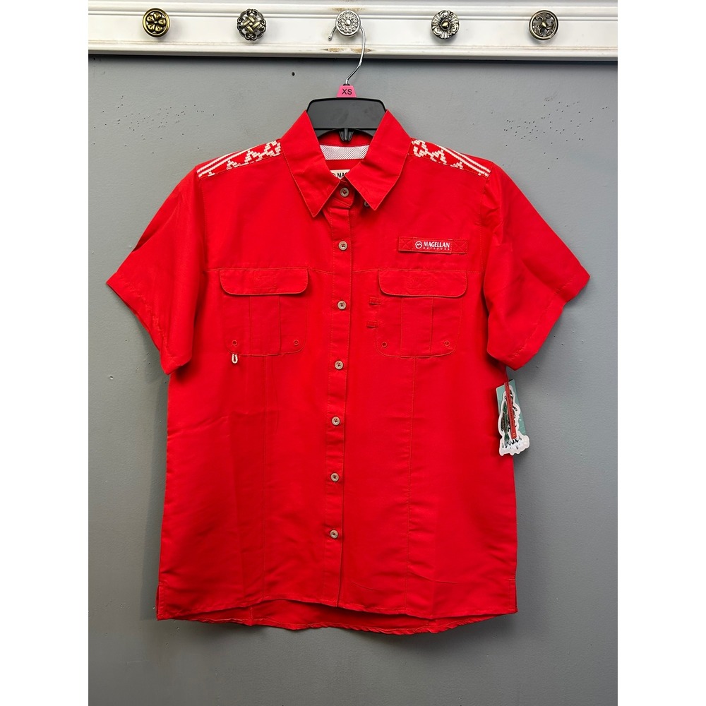 Magellan Fishing Shirt Womens XS Red Scenic Deer Laguna Madre Button Down UPF 30